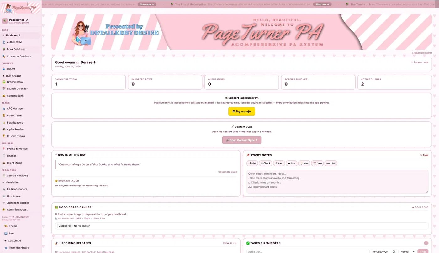 PageTurner PA dashboard with tasks, calendar, and client overview