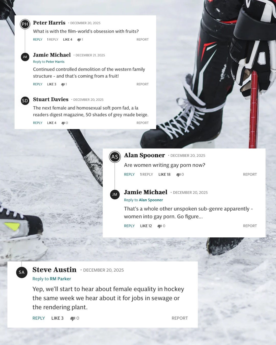 Screenshots of dismissive and homophobic comments on an article about hockey romance