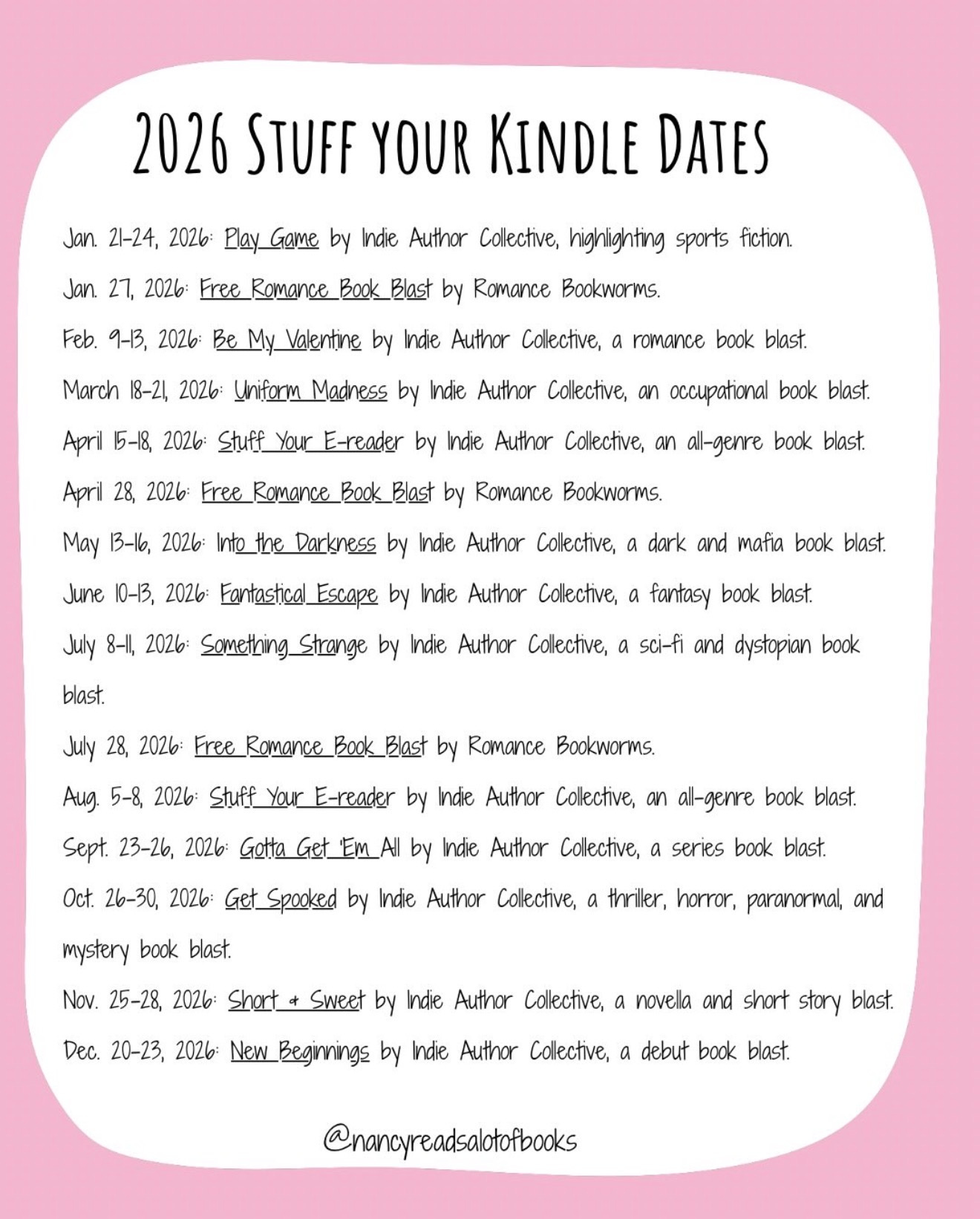 2026 Stuff Your Kindle dates calendar
