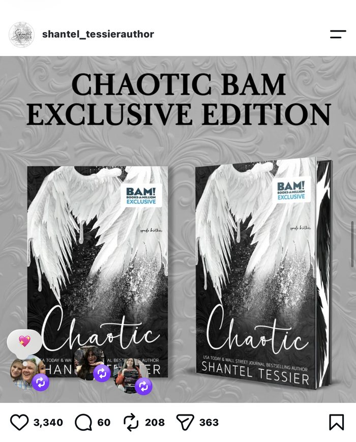 Instagram post announcing the Books-A-Million exclusive edition of Chaotic by Shantel Tessier