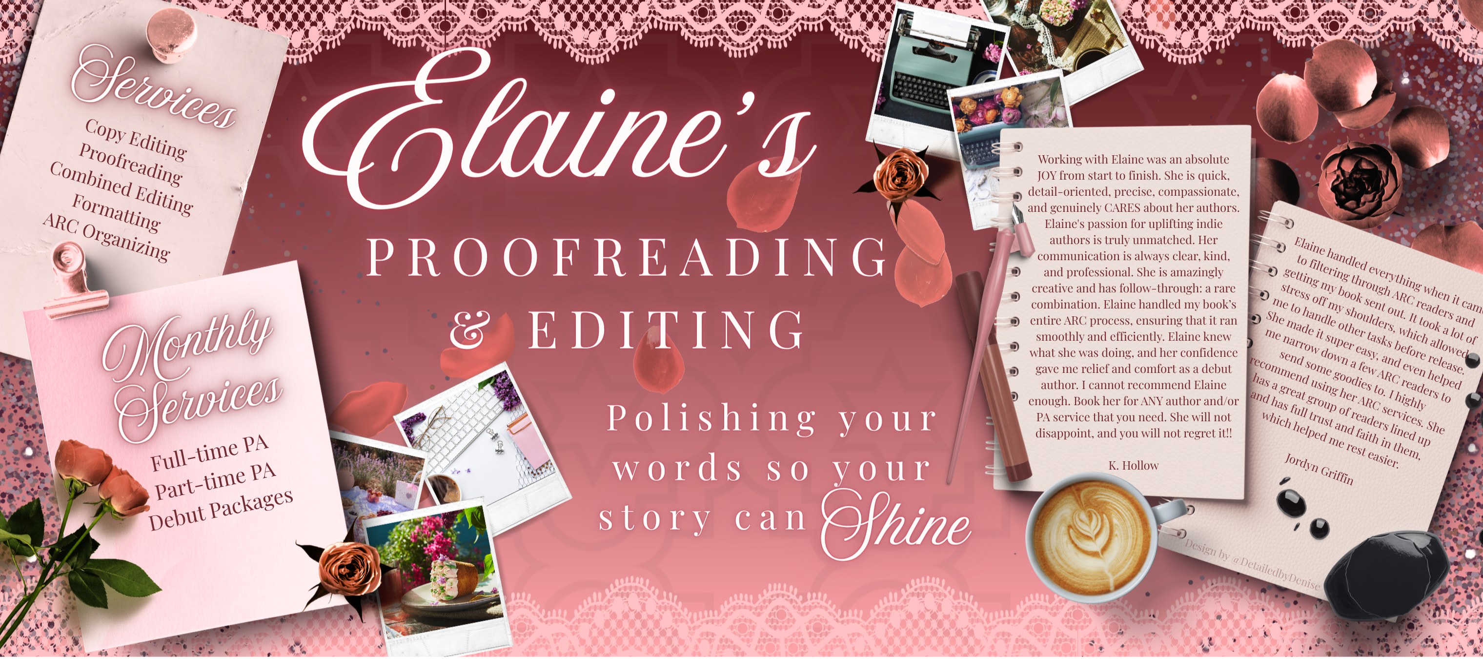 Elaine's Proofreading and Editing business banner with services list and testimonials