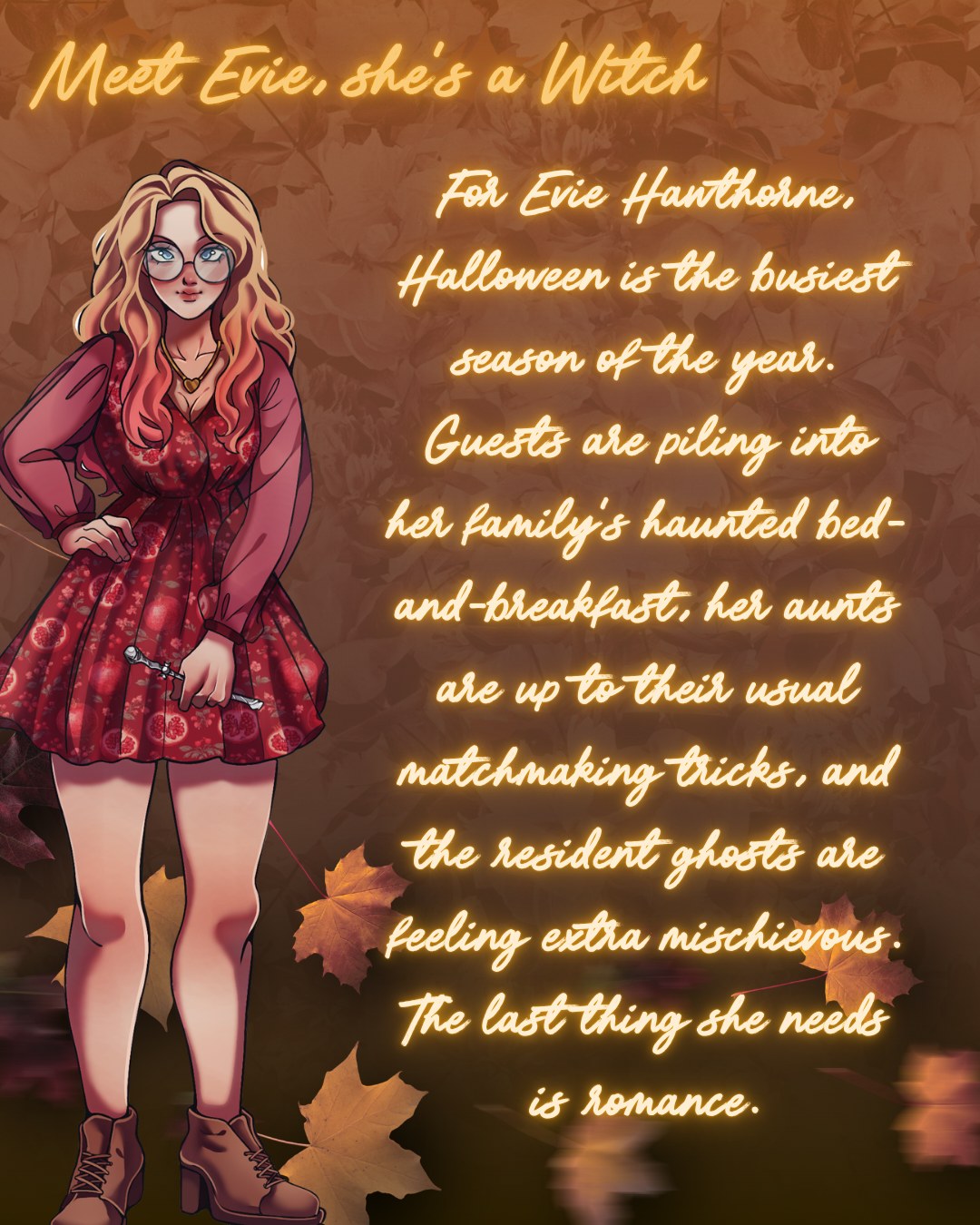 Meet Evie character intro graphic for Potions and Paw Prints by Fleur Devillainy