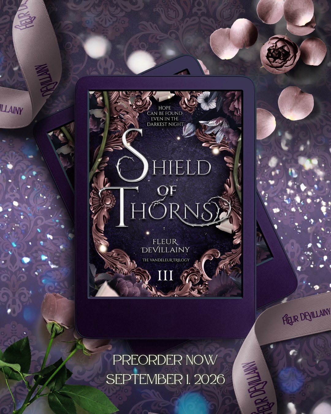 Shield of Thorns Kindle mockup preorder graphic for Fleur Devillainy, releasing September 1 2026