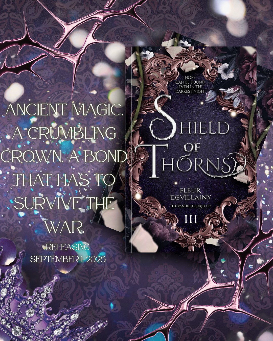 Shield of Thorns release announcement graphic for Fleur Devillainy, releasing September 1 2026