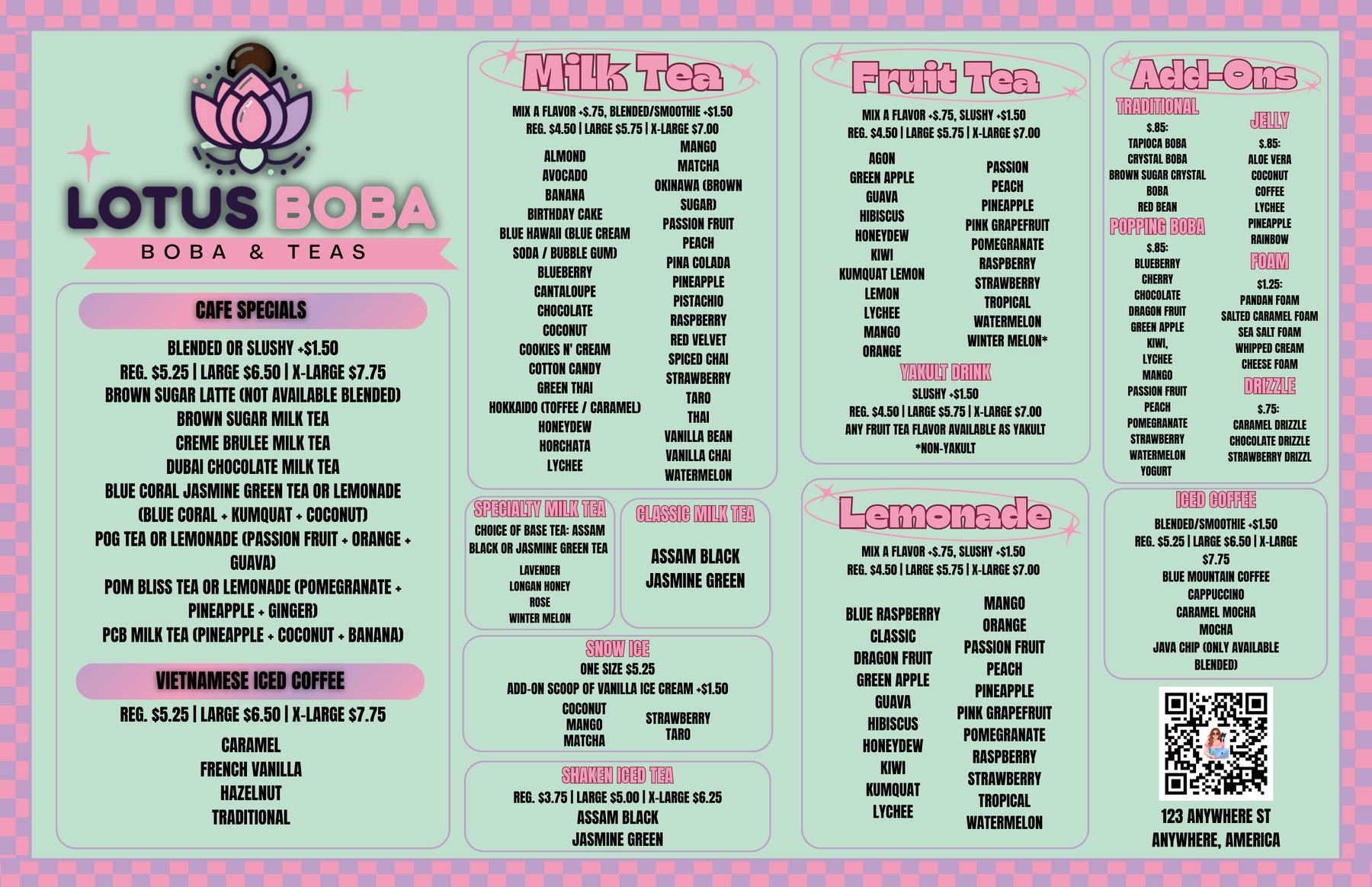Lotus Boba redesigned menu, single clean page layout
