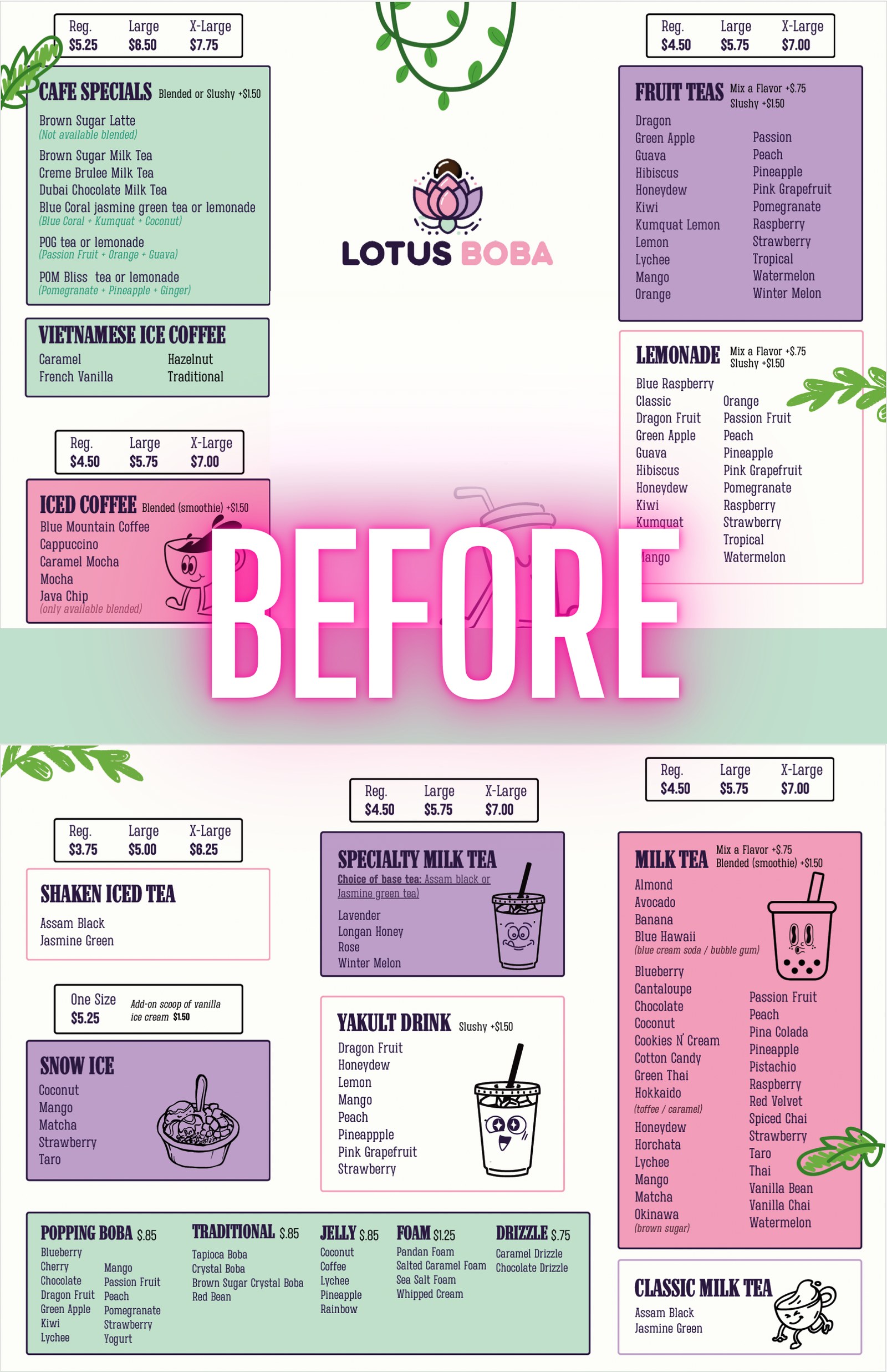Lotus Boba menu before redesign, cramped two-page layout