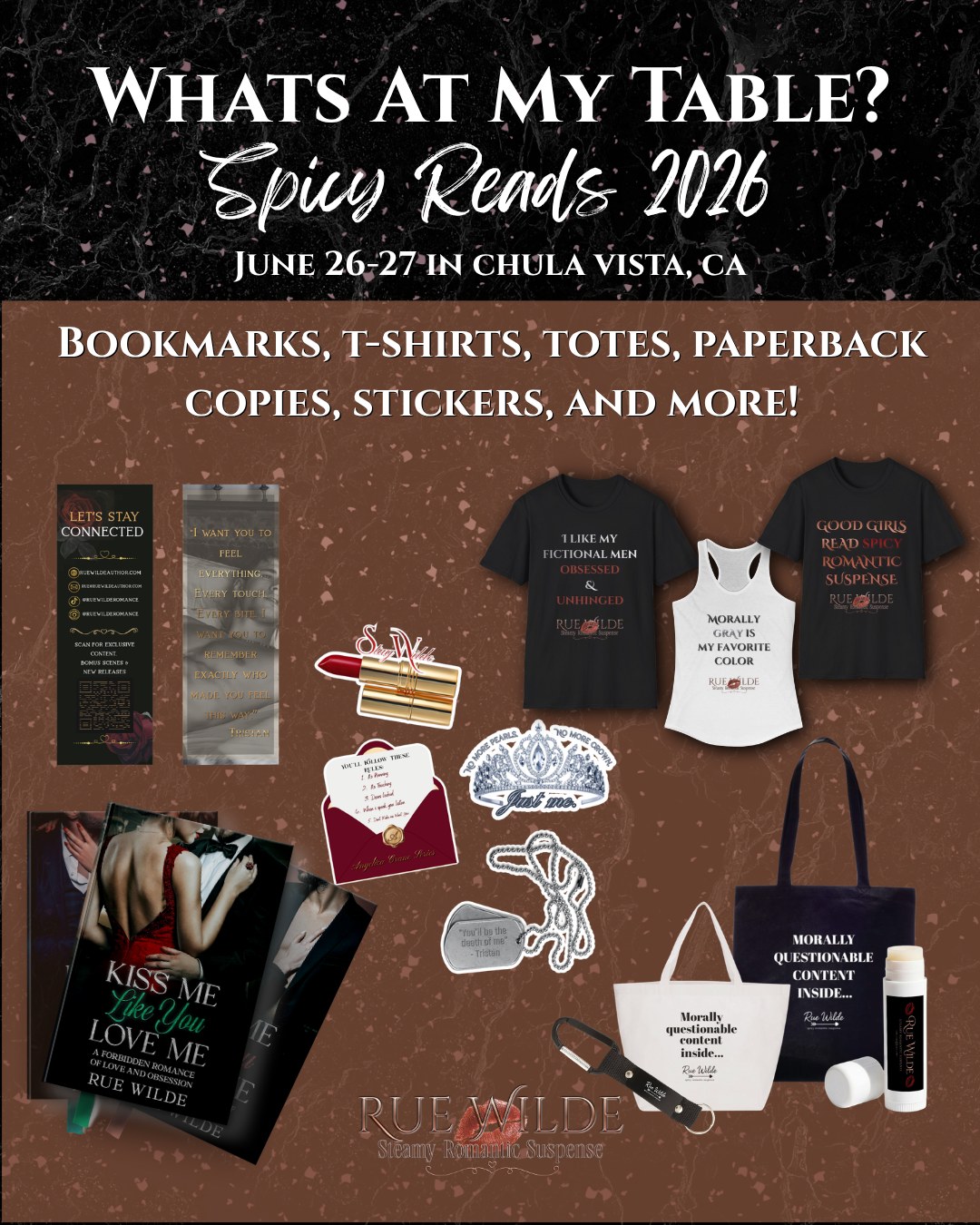 Spicy Reads 2026 what's at my table merch graphic for Rue Wilde