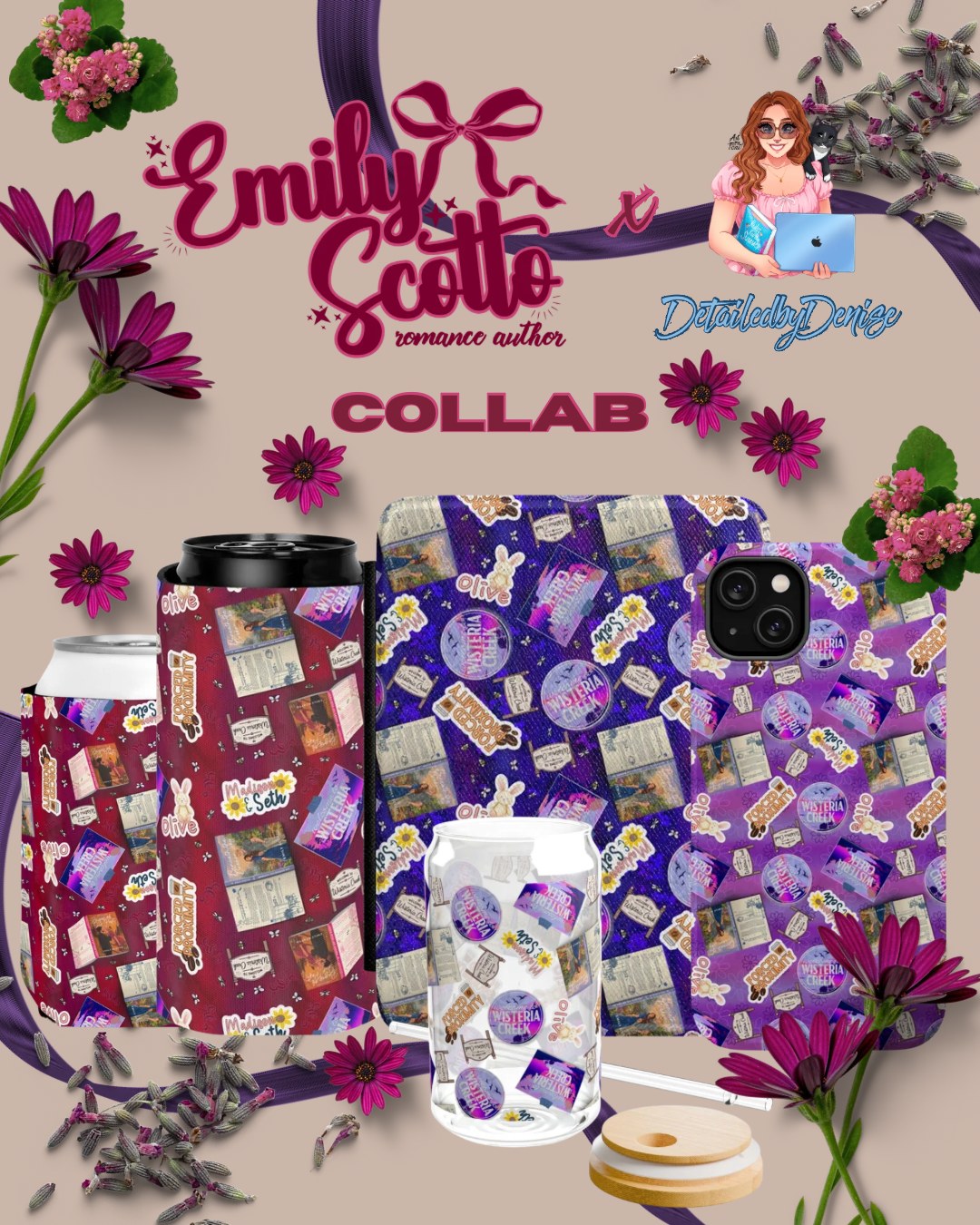 Wisteria Creek merch collection for Emily Scotto including tumblers, phone case, koozie and glass can