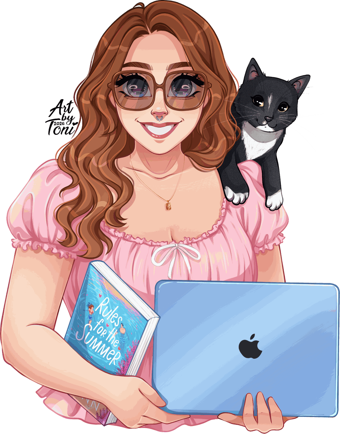 Illustrated portrait of Denise holding a laptop with a tuxedo cat on her shoulder