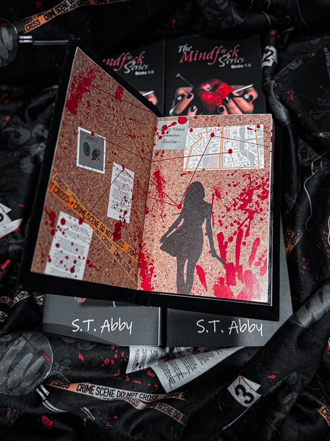Custom crime scene endpapers for The Mindf*ck Series rebind